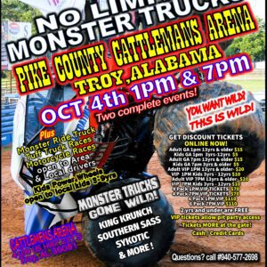 Troy, Ala Monster Trucks Oct 4th 7pm VIP 13yrs & up 6 PACK