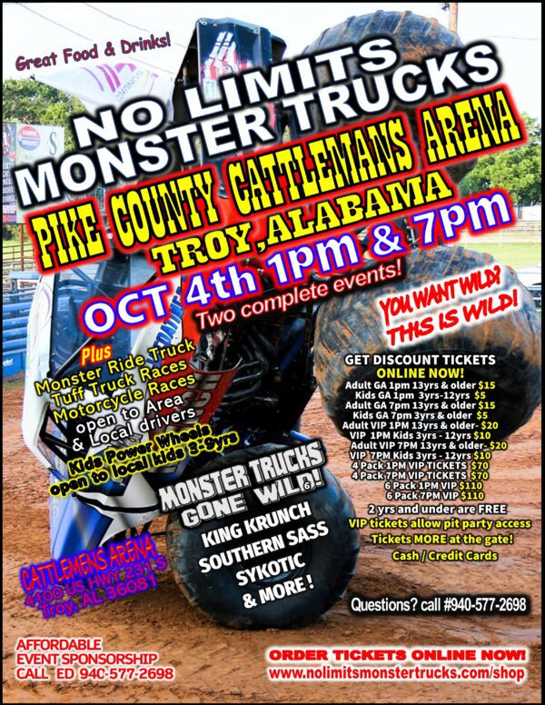 Troy, Ala Monster Trucks Oct 4th 7pm VIP 13yrs & up 6 PACK