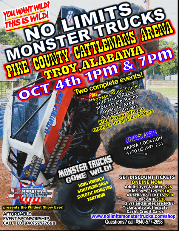 Troy, Ala Monster Trucks Oct 4th 7pm VIP 13yrs & up 6 PACK